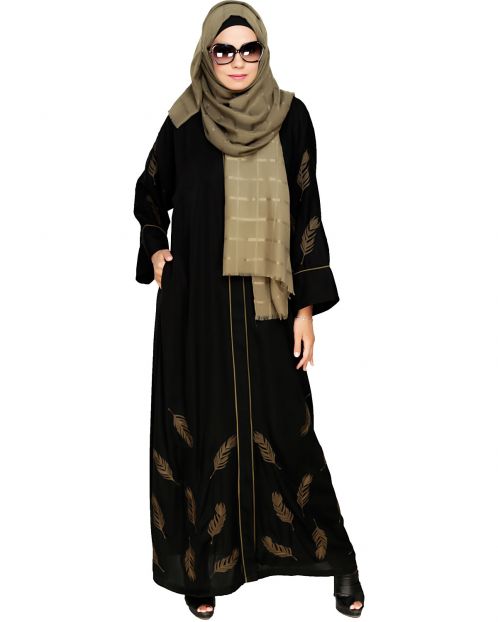 Feather Embroidered Dubai Style Black Abaya