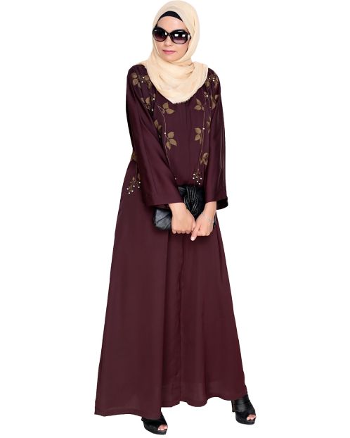 Pearl and Flora Embroidered Dubai Style Deep Wine Abaya