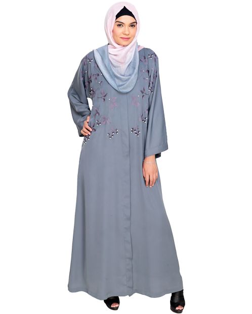 Pearl and Flora Embroidered Dubai Style Grey Abaya