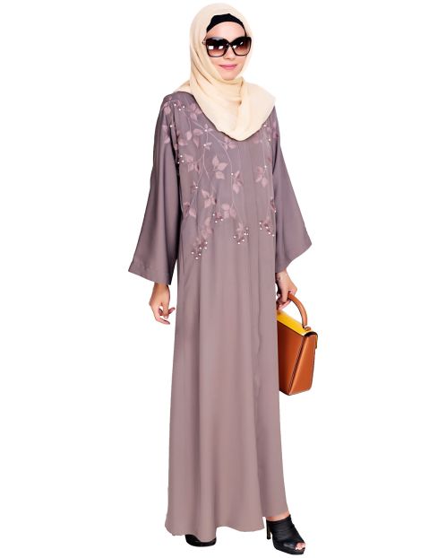 Pearl and Flora Embroidered Dubai Style Mud brown Abaya