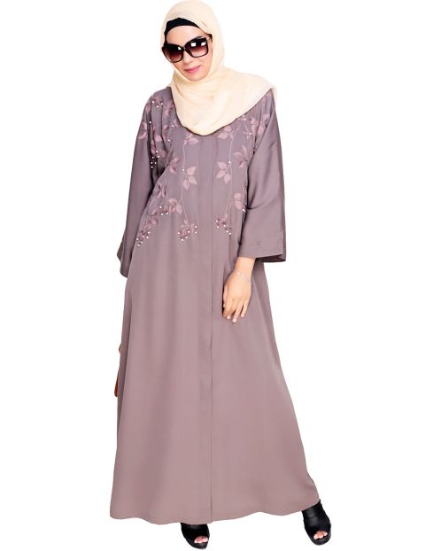 Pearl and Flora Embroidered Dubai Style Mud brown Abaya