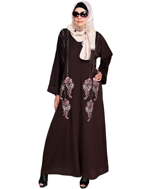 Floral Pendant Dubai Style Brown Abaya