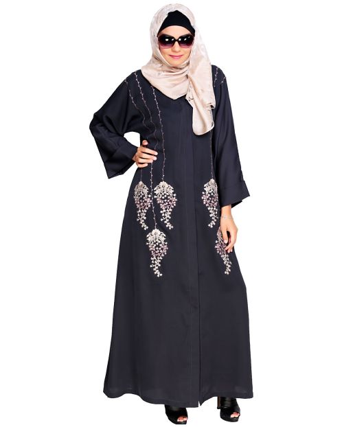 Floral Pendant Dubai Style Grey Abaya