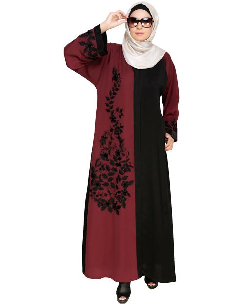 Wanderlust Wine & Black Embroidery  Dubai Style Abaya