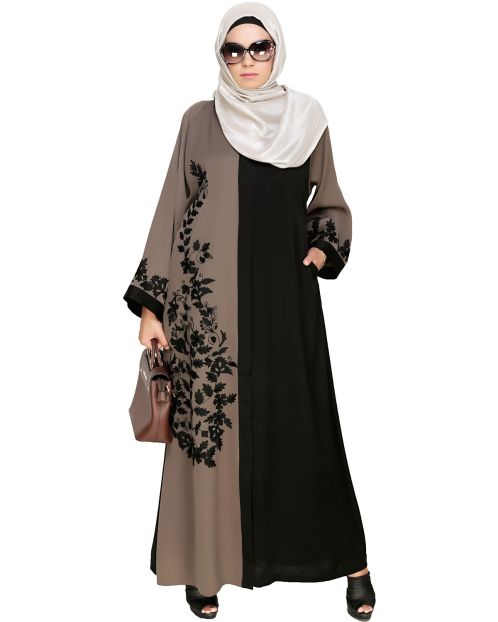 Wanderlust Mud Brown & Black Embroidery Dubai Style Abaya