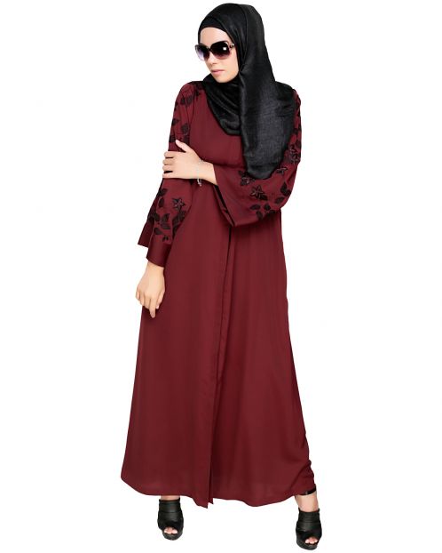 Alluring Floral Embroidery Dubai Style Wine Abaya