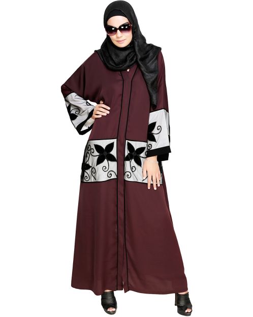 Deep Wine Floral Lace Embroidered Dubai Style Abaya