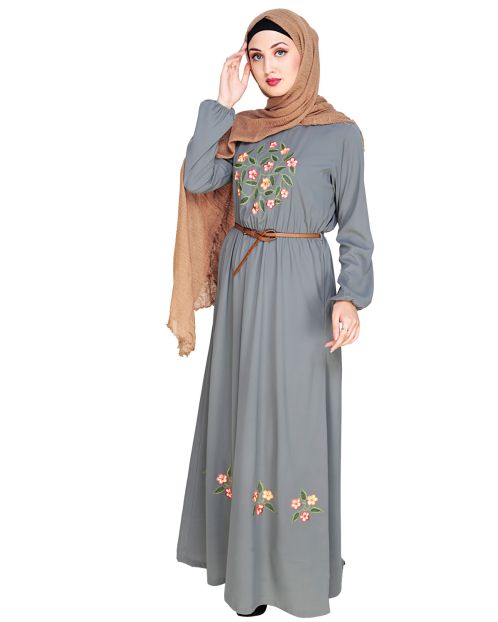 Plush Embroidered Grey Maxi Dress Abaya