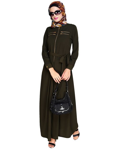 Metallic Sheen Front Zipper Olive Abaya