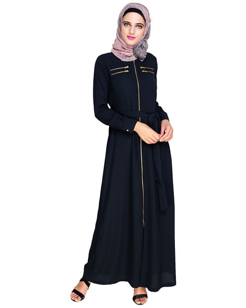 Metallic Sheen Front Zipper Blue Abaya