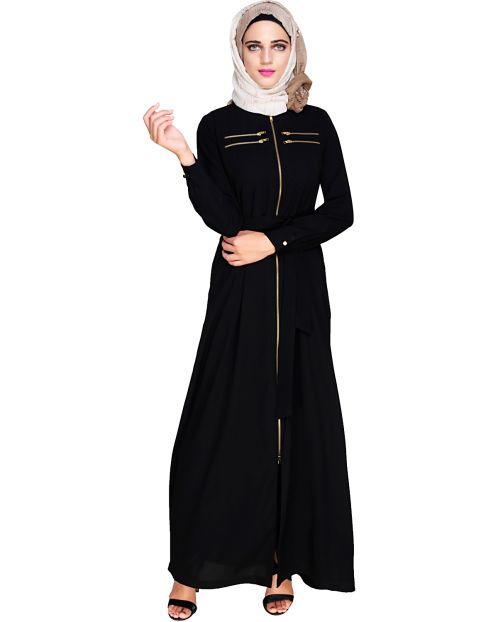 Metallic Sheen Front Zipper Black Abaya