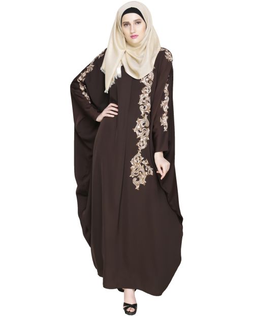 Dual Shade Floral Embroidered Dark Brown Kaftan