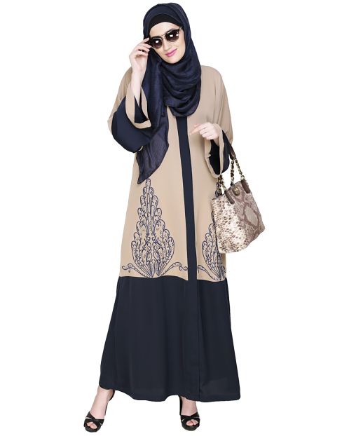 Eden  Dubai Style Beige and Blue Embroidered Abaya