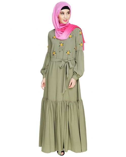 Dreamy Floral Embroiderd Dead Mint Abaya