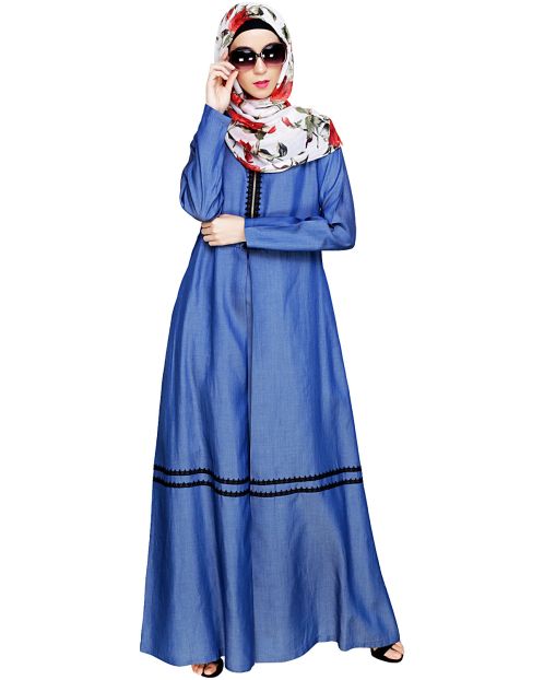 Graceful Lacy Dark Blue Denim Abaya