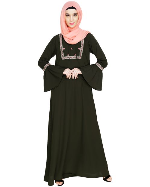 Boho Embroidered Olive Abaya 