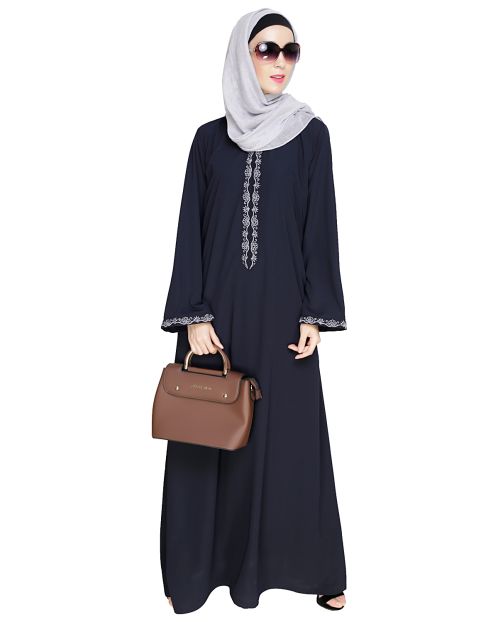 Lotus Embroidered Blue Dubai Style Abaya