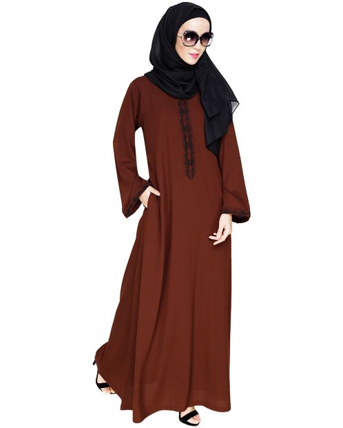 Lotus Embroidered Brown Dubai Style Abaya