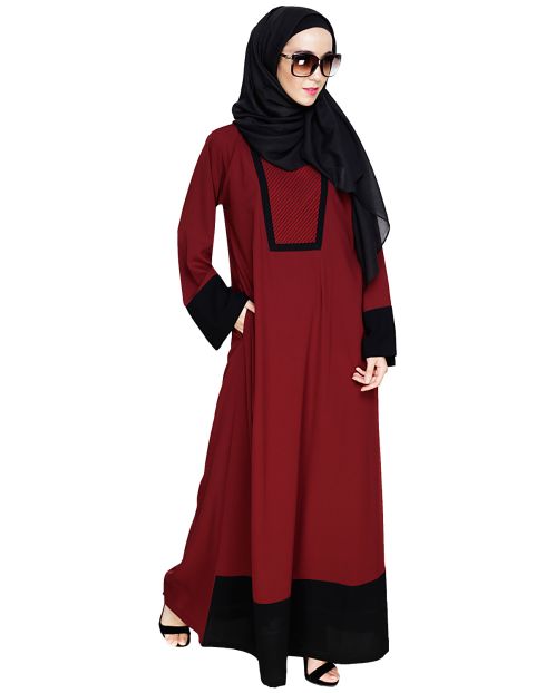 Embroidered Yoke Wine Dubai Style Abaya