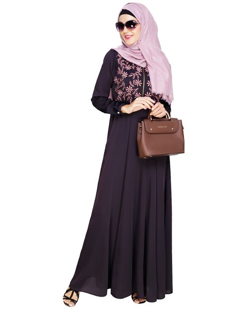 Beautiful Embroidered Yoke Dark Purple Abaya