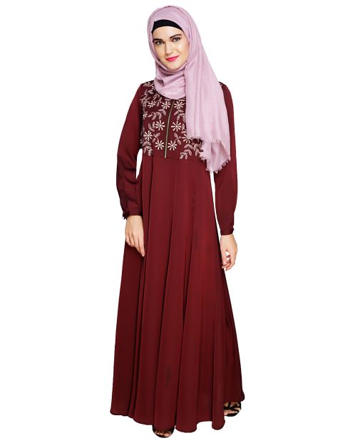 Beautiful Embroidered Yoke Wine Abaya