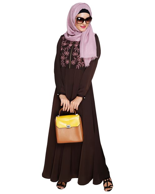 Beautiful Embroidered Yoke Brown Abaya