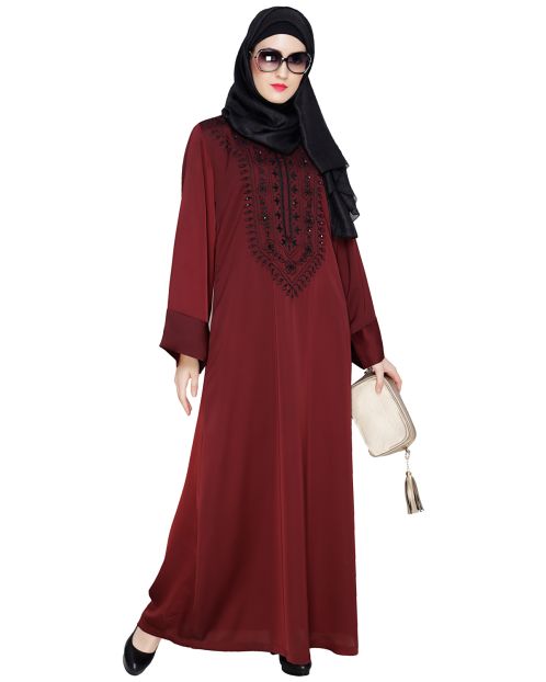 Floral Embellished Wine Dubai Style Abaya