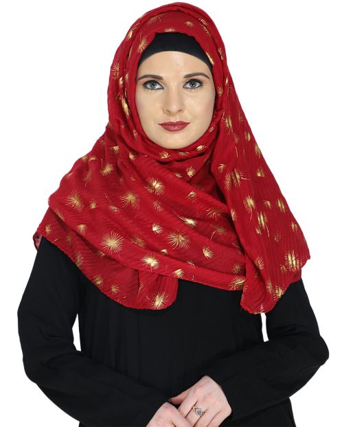 Crinked Red Hijab with a Dash of Gold