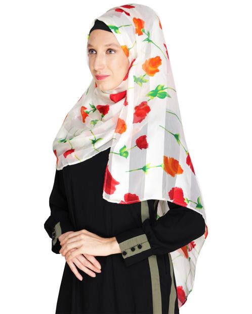 Floral White&Red Printed Hijab