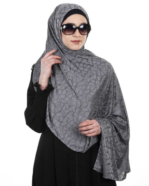 Jazzy Designer Metallic Grey Jersey Hijab with Crystal work