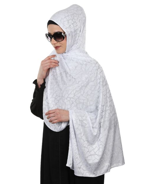 Jazzy Designer White Jersey Hijab with Crystal work