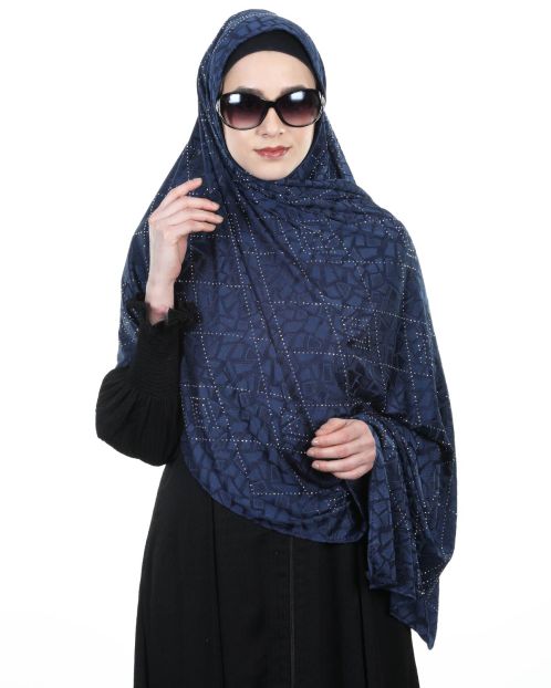 Jazzy Designer Navy Blue Jersey Hijab with Crystal work