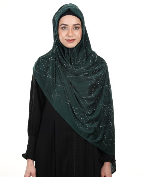 Sparkling Swarovski Work Dark Green Hijab with in Ribbed Jersey Fabric