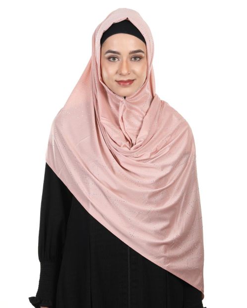 Sparkling Swarovski Work Peach Hijab with in Ribbed Jersey Fabric