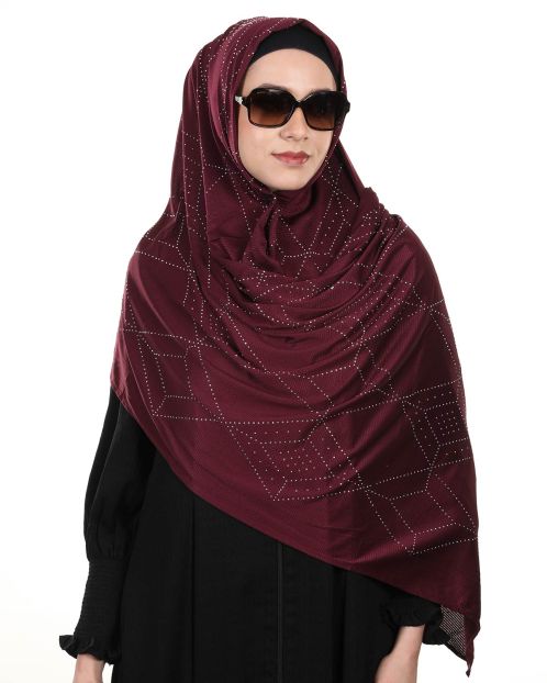 Sparkling Swarovski Work Maroon Hijab with in Ribbed Jersey Fabric