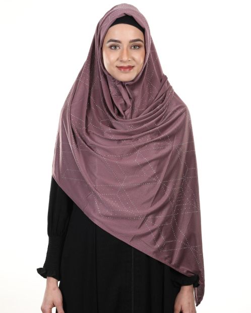 Sparkling Swarovski Work Dull Purple Hijab with in Ribbed Jersey Fabric