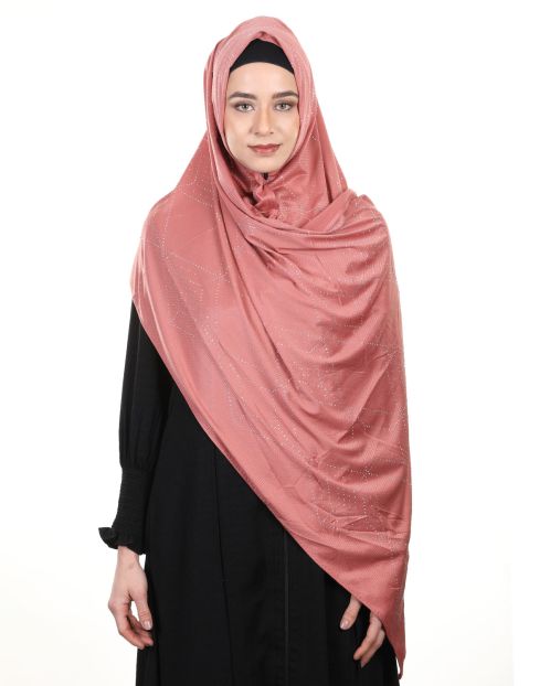 Sparkling Swarovski Work Carrot Pink Hijab with in Ribbed Jersey Fabric