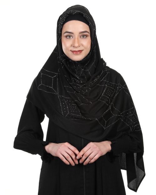 Sparkling Swarovski Work Black Hijab with in Ribbed Jersey Fabric