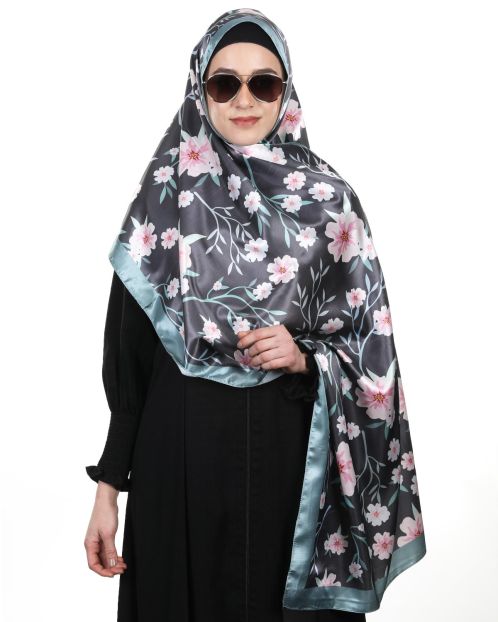 Dashing Printed Greyish Blue Satin Hijab