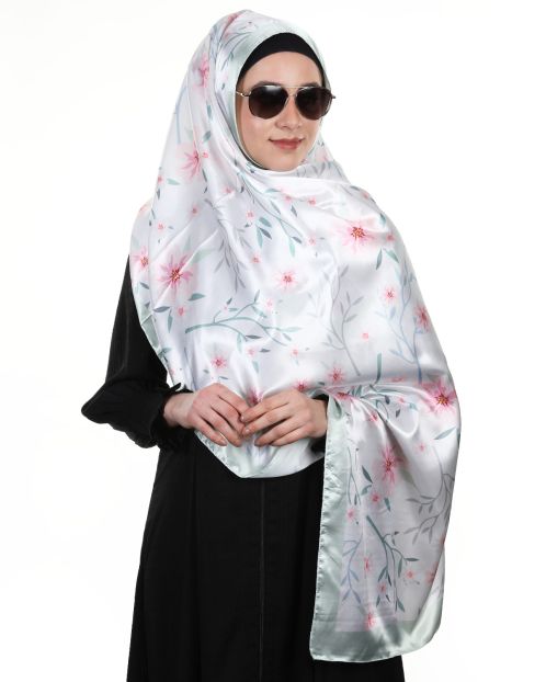 Dashing Printed White Satin Hijab