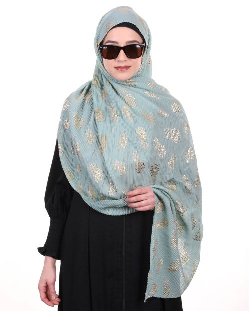 Pleated Sage Green hijab with golden foil print