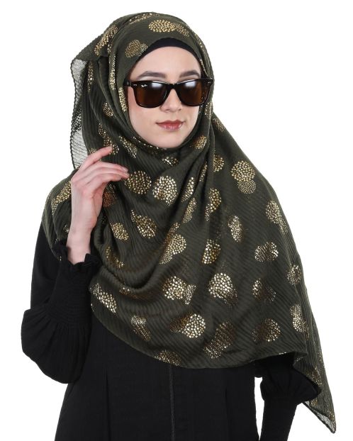 Pleated Olive Green hijab with golden foil print