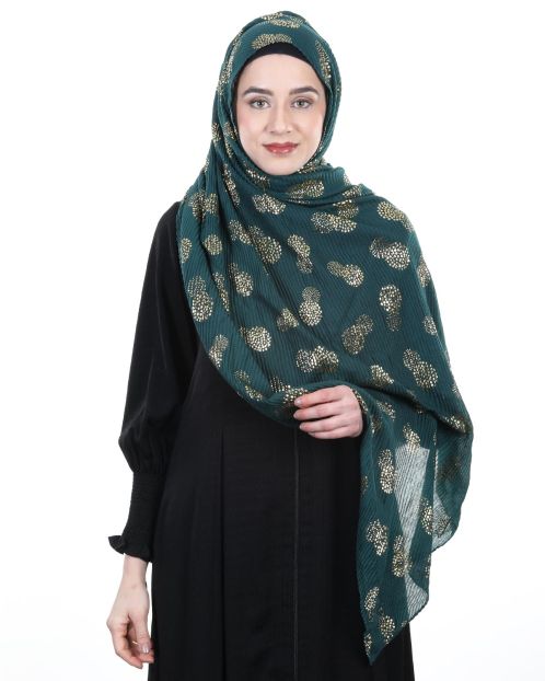 Pleated Bottle Green hijab with golden foil print