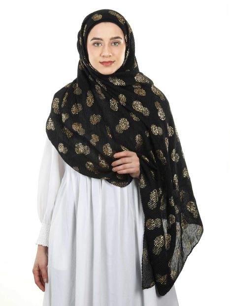 Pleated Black hijab with golden foil print