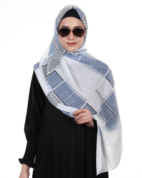 Stunning colorful chequered Blue and White prints Chiffon Hijab
