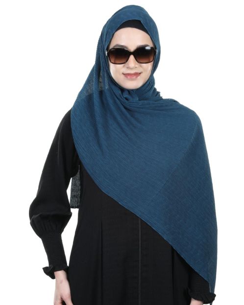 Pleated Chiffon Metallic Blue Hijab with a zig zag design