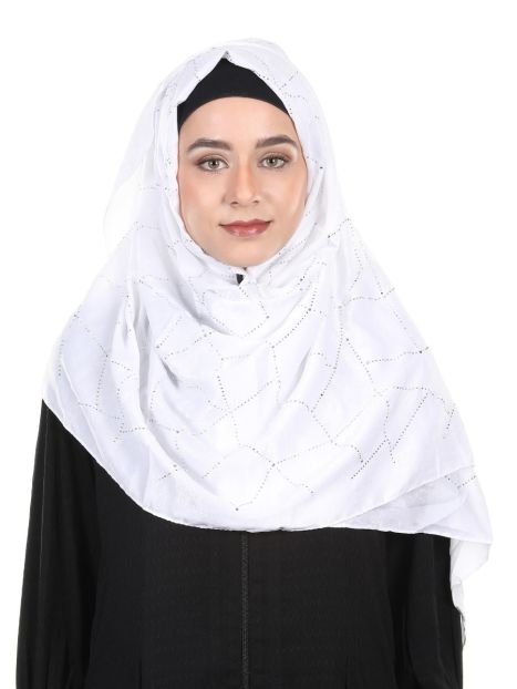 Gleaming marble finished White Satin Hijab with swaroski work