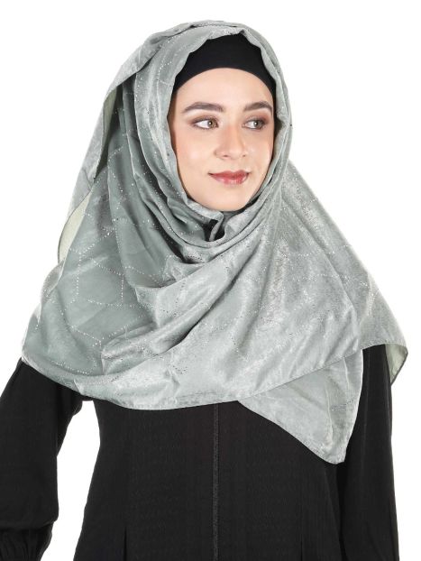 Gleaming marble finished Sage Green Satin Hijab with swaroski work