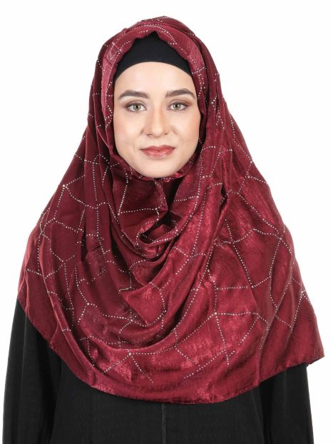 Gleaming marble finished Maroon Satin Hijab with swaroski work