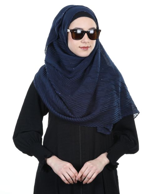 Ultra Soft Sequined diagonal Midnight Blue Pleated hijab